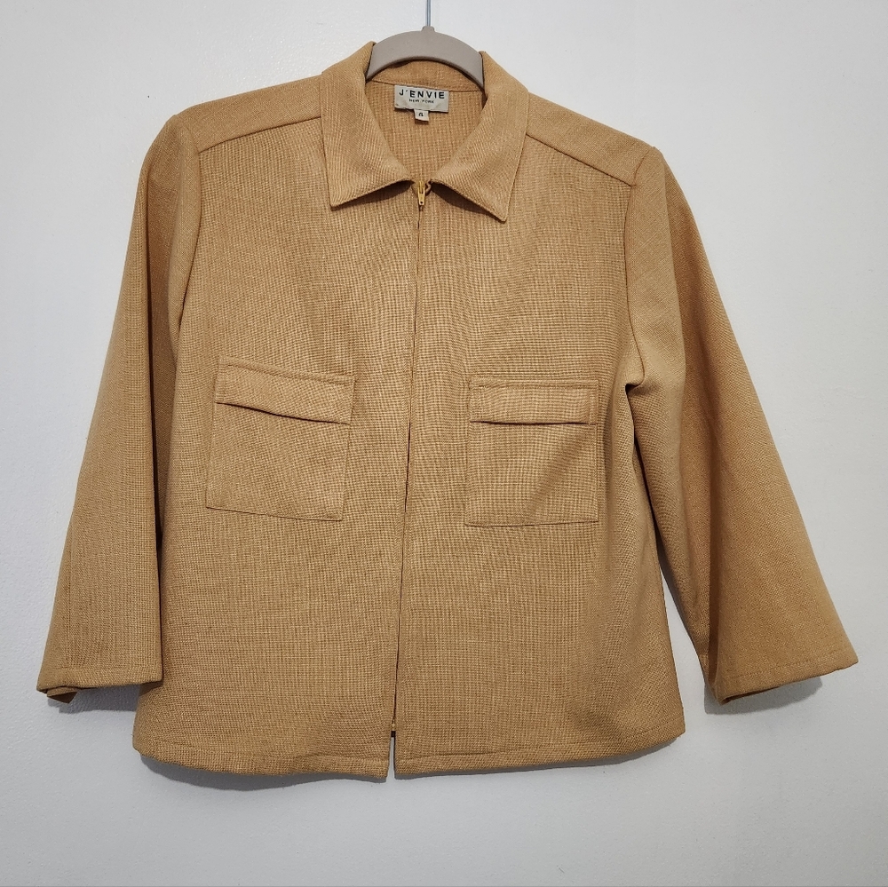 Vintage J'envie Yellow Zip Up Woven Jacket Cropped 3/4 Sleeve Size 4 Mod Preppy